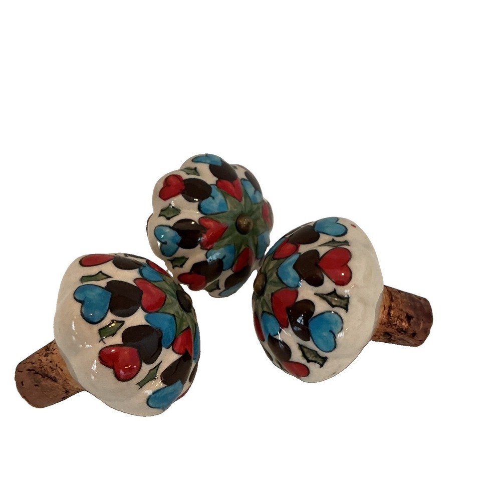 Ceramic Glazed Hearts Cork Wine Bottle Stopper Lot of 3